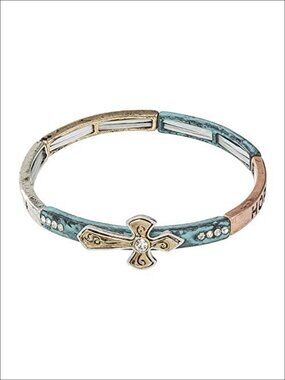 Stretch Cross Charm Bracelet Gold Plated Pave Religious Gift Women